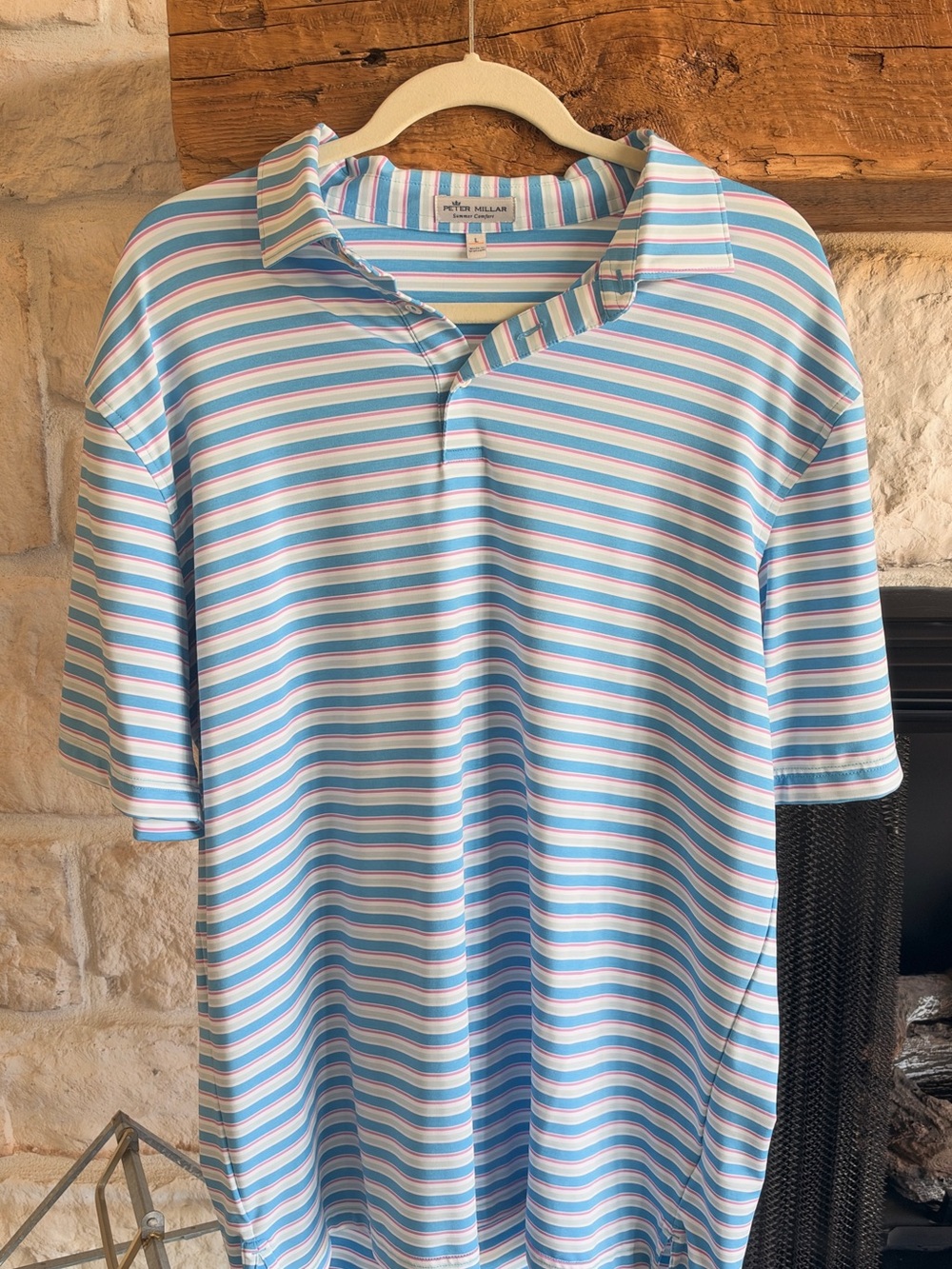 Peter Millar Light Blue and Pink Striped Polo